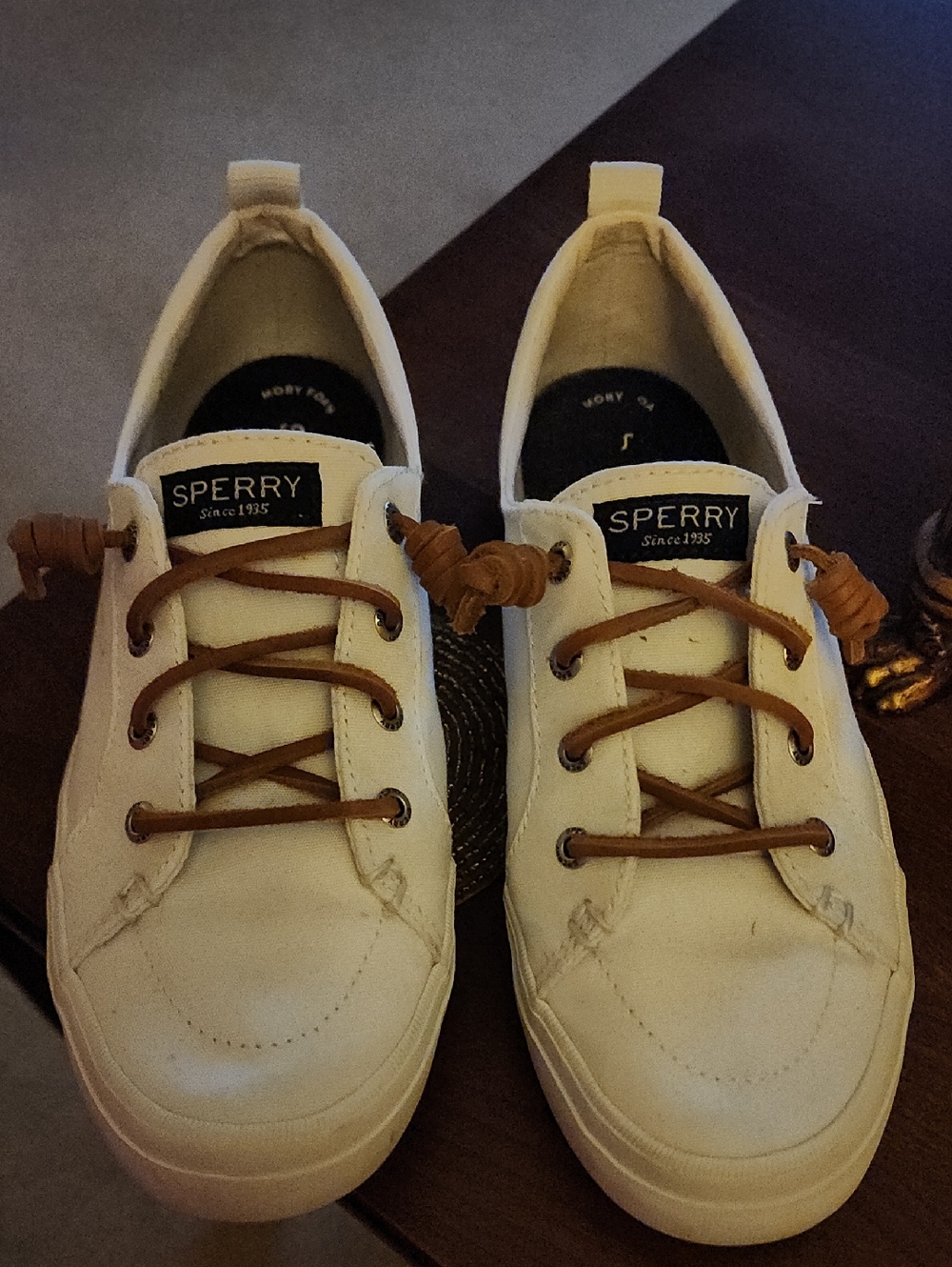 Sperry White Canvas Boat Shoes with Tan Laces